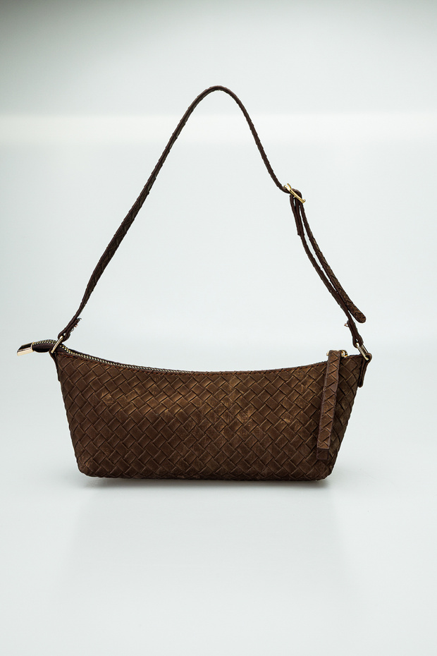 Knitted Patterned Coffee Mini Shoulder Bag with Adjustable Strap, Zippered Women's Bag