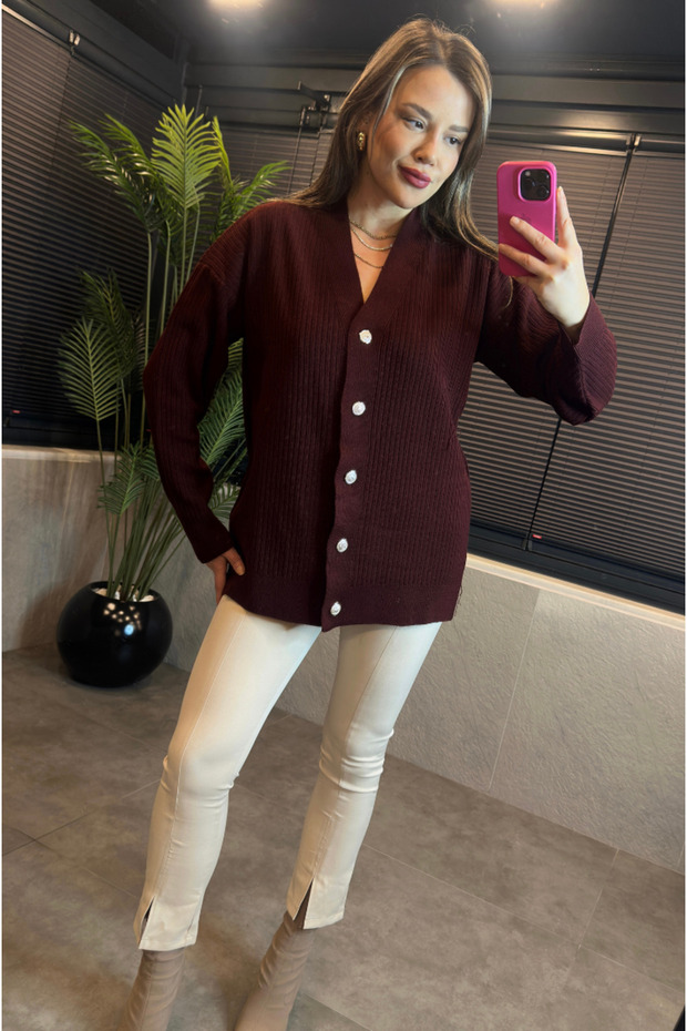 Bordo Fitilli Oversize Basic Örme Hırka - 3