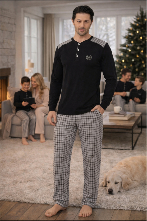 Gray Black Square Pattern Men's Pajama Set - 1