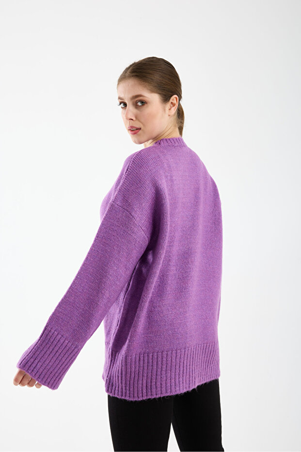 Oversize Basic Açık Mor Uzun Kadın Kazak - 7