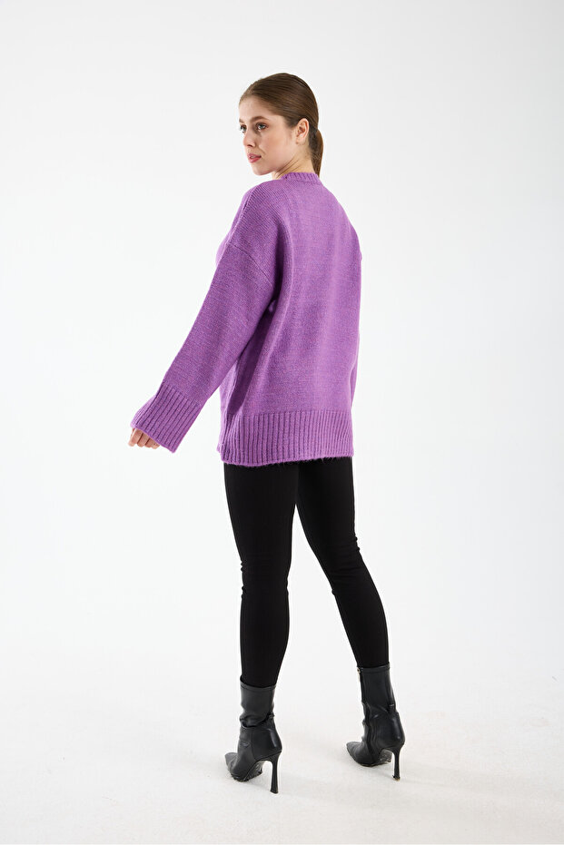 Oversize Basic Açık Mor Uzun Kadın Kazak - 8