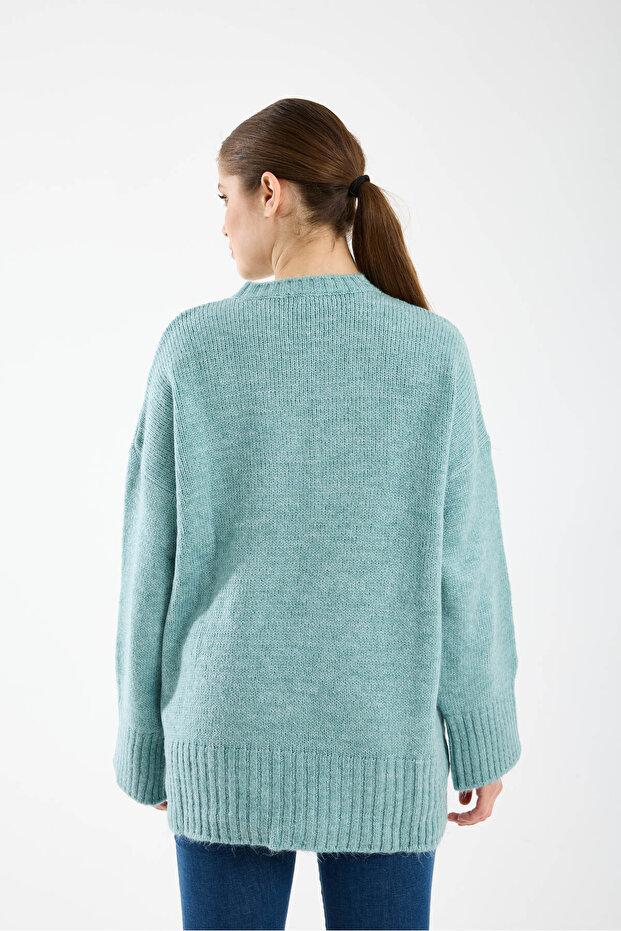 Oversize Basic Mint Uzun Kadın Kazak - 5