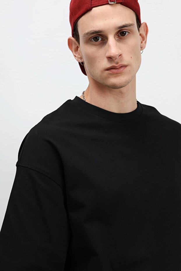 Basic Oversize Bisiklet Yaka Tişört Siyah - 3