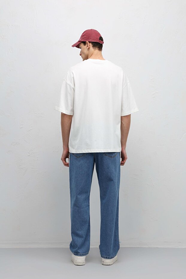 Basic Oversize Bisiklet Yaka Tişört Ekru - 4