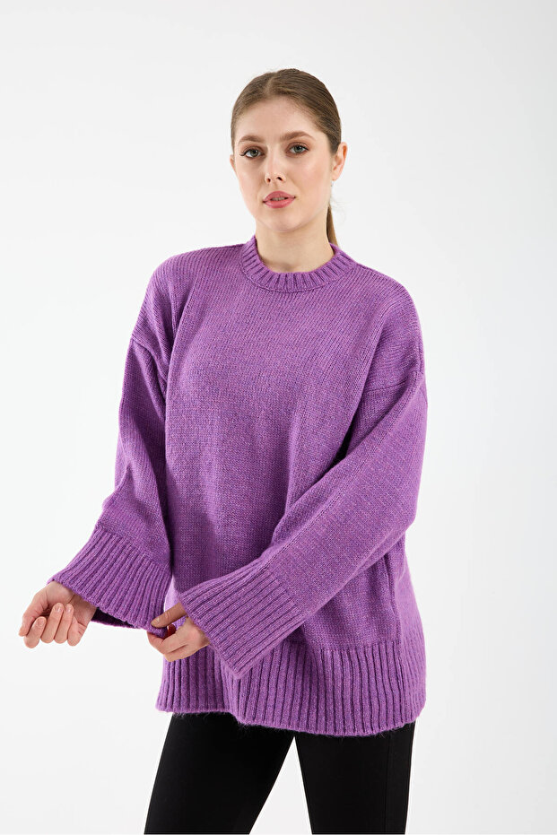 Oversize Basic Açık Mor Uzun Kadın Kazak - 2