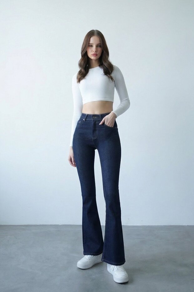 Navy Blue 5 Pocket Full Lycra Wide Leg Jeans