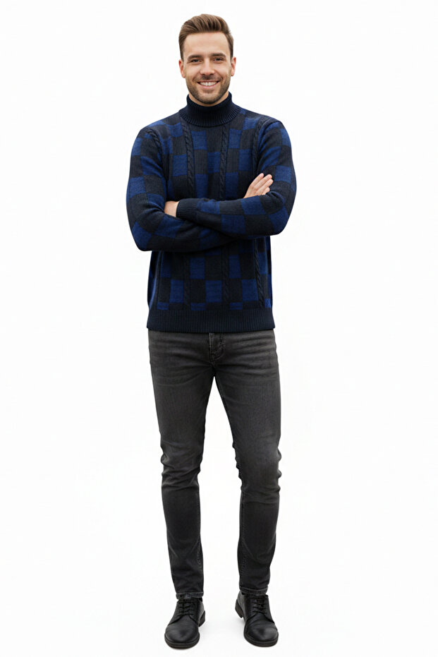 Men's Half Crew Neck Patterned Sweater - 2