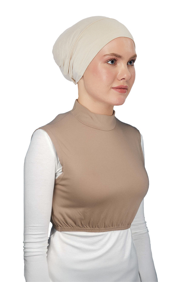 Zero Sleeve Turtleneck Full Neck Lycra Combed Cotton Women's Half Body - Dark Beige