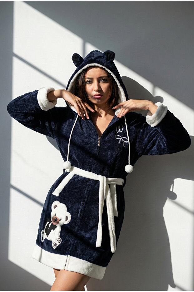 Women's Hooded Embroidered Zip-Up Short Robe