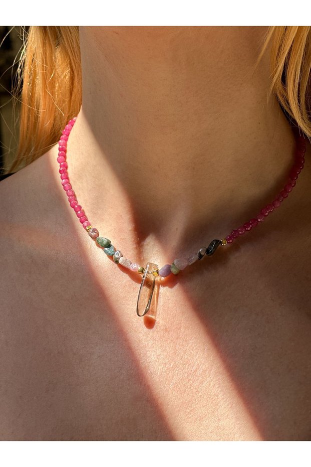 Galatea Pink Rhodonite Smoky Quartz and Tourmaline Natural Stone Necklace