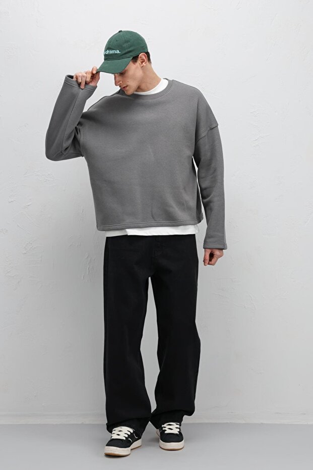 Boxy Fit Basic Sweatshirt Füme - 4