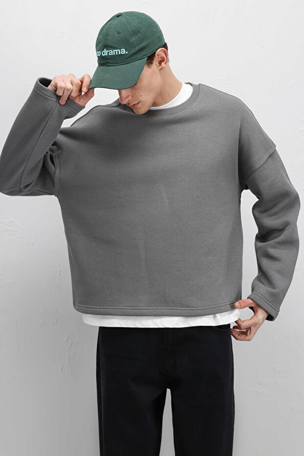 Boxy Fit Basic Sweatshirt Füme - 2
