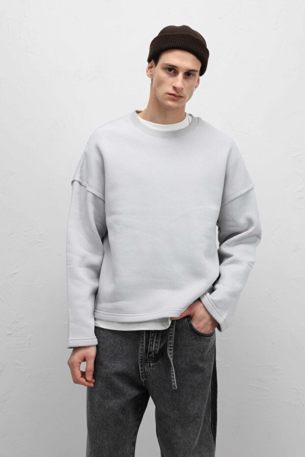 Boxy Fit Basic Sweatshirt Açık Gri - 3