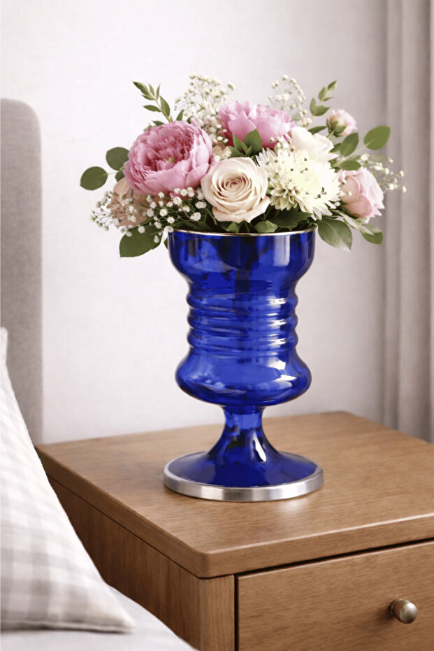 Blue Glass Vase and Candle Holder with Stand – Multi-Purpose Decorative Glass Candlestick