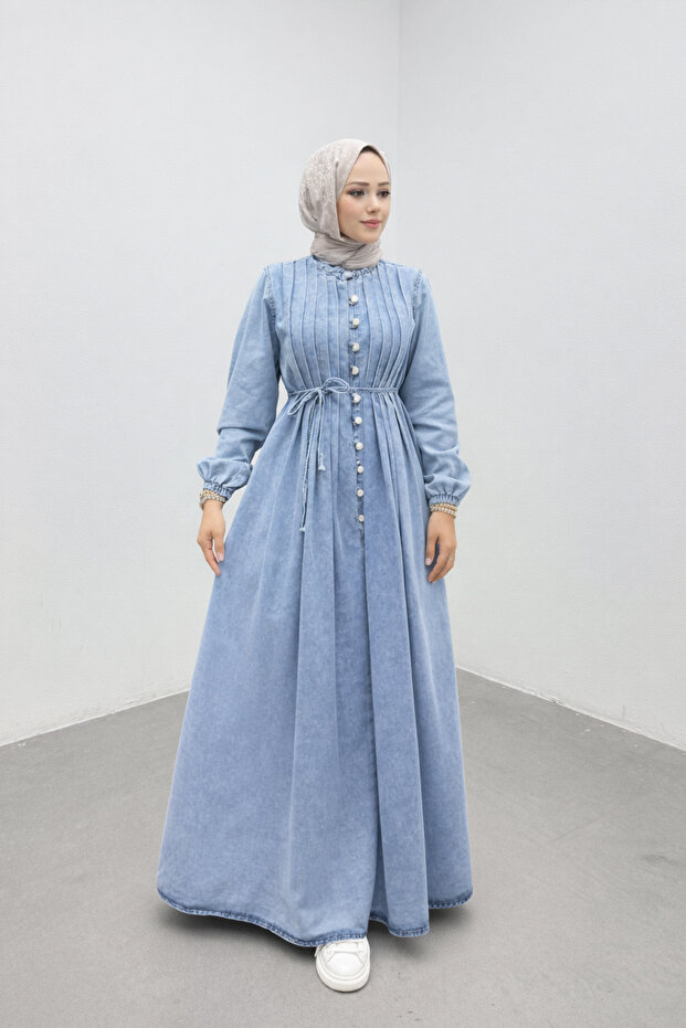 Yıkamalı Denim Kot Elbise - 1