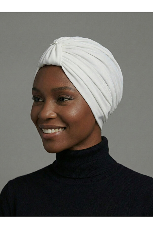 Crystal Butterfly Stone Embroidered Ribbed Lined Ecru Ready-Made Turban Hijab Evening Dress Bonnet
