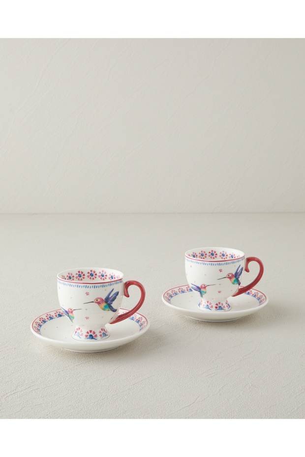Carnival Sparrow New Bone China Coffee Cup Set 4 Pieces for 2 People Fuchsia