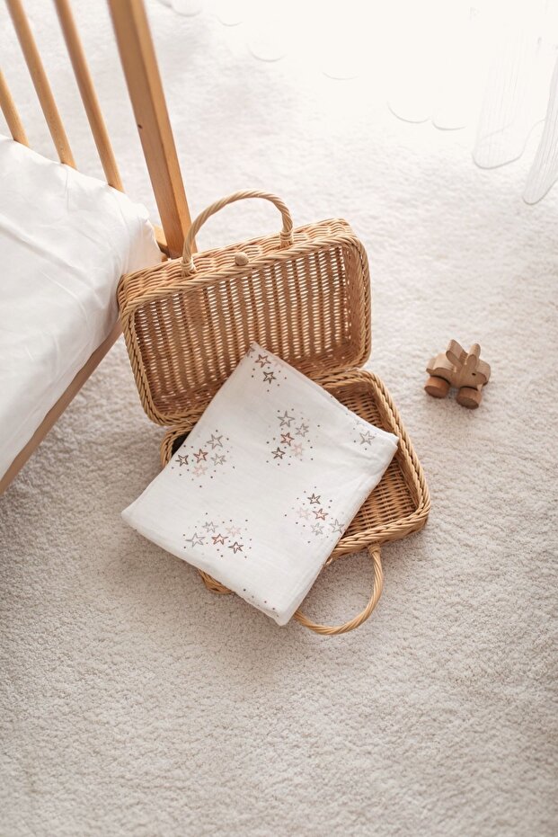 100% Organic Cotton Muslin Baby Blanket - Star Printed 90x100 cm Multi-Purpose Muslin Blanket