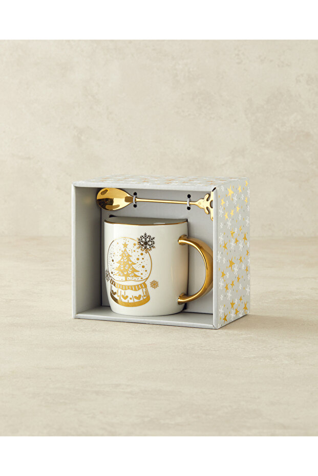 Snow Globe New Bone China Christmas Mug with Spoon 360 ml Gold