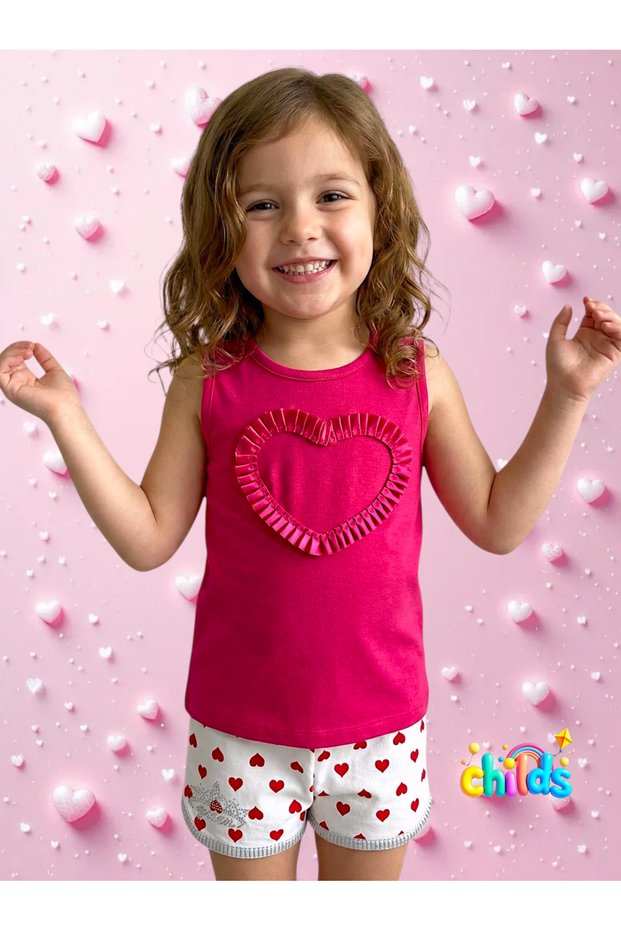 Girl's Double Summer Suit Heart Embroidered Fuchsia Sleeveless T-Shirt Shorts Suit