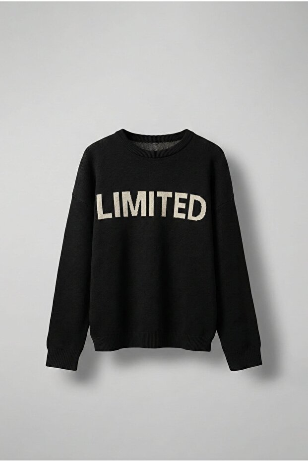 Men's Oversized Limited Written Knitwear Sweater Black
