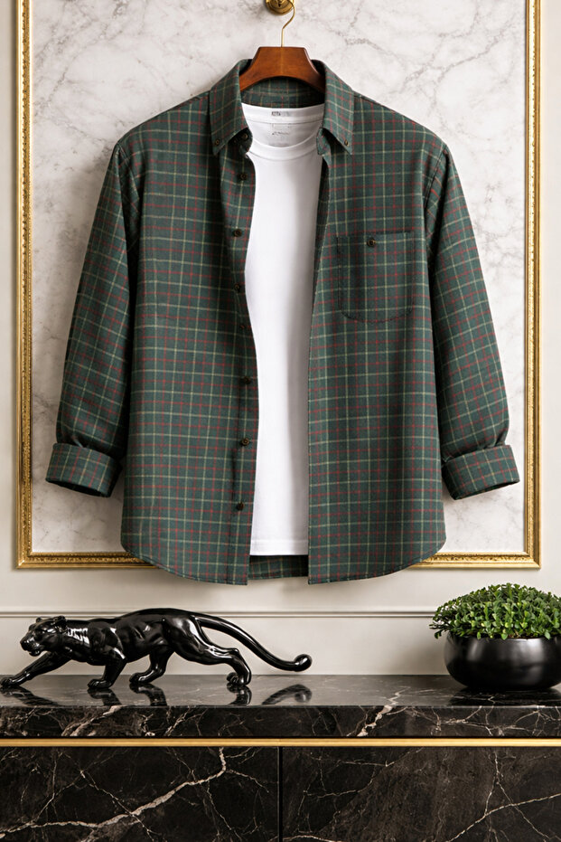 Men's Green Checkered Winter Woolen Wide-Cut Shirt with Pockets