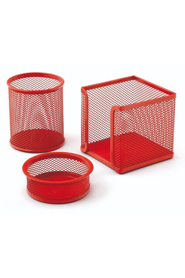 Set de birou Suport pentru agrafe Suport pentru hârtie Suport pentru pixuri 3 piese Metal Perforat Roșu 505 / Mas - 1