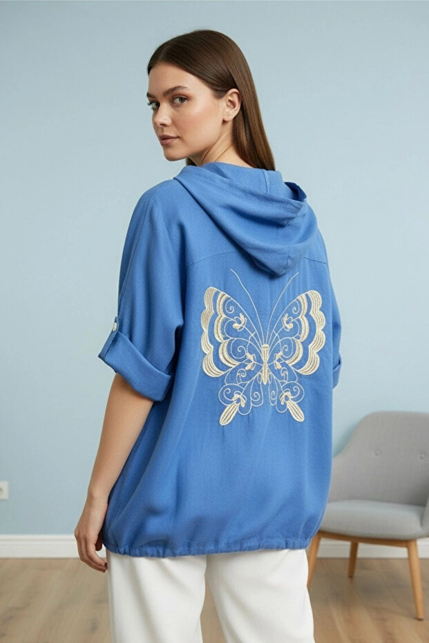 Women's Light Blue Large Size Back Butterfly Embroidered Sleeve Fold Cotton Linen Fabric Shirt Jacket