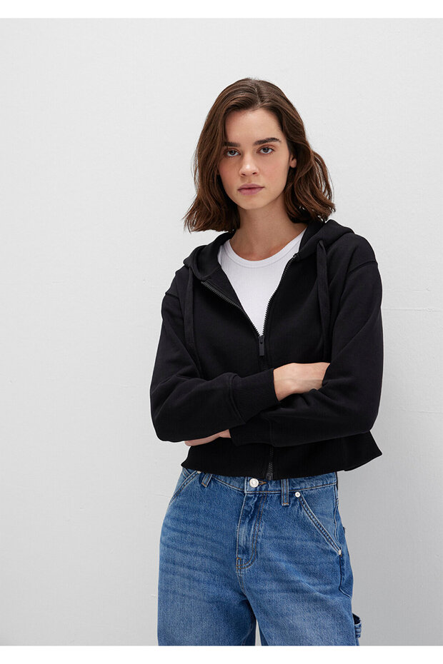 Kapüşonlu Siyah Basic Crop Sweatshirt 1S10388-900 - 1