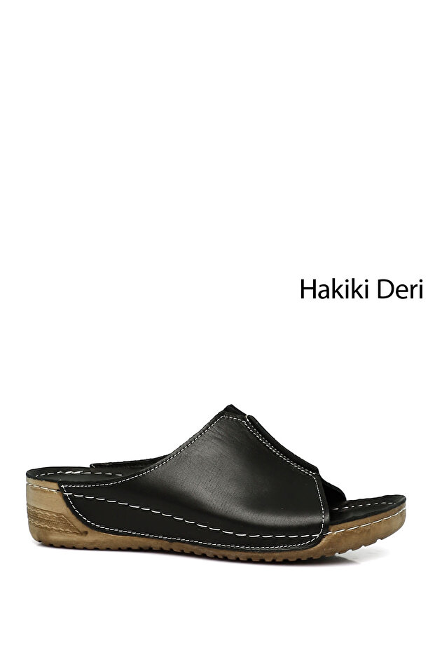 Black Heel Genuine Leather Sole Women's Slippers 42313