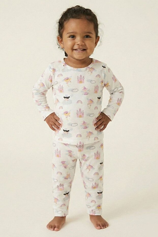 White Patterned Baby Girl 100% Cotton Pajama Set - Soft Patterned Long Sleeve Sleep Set
