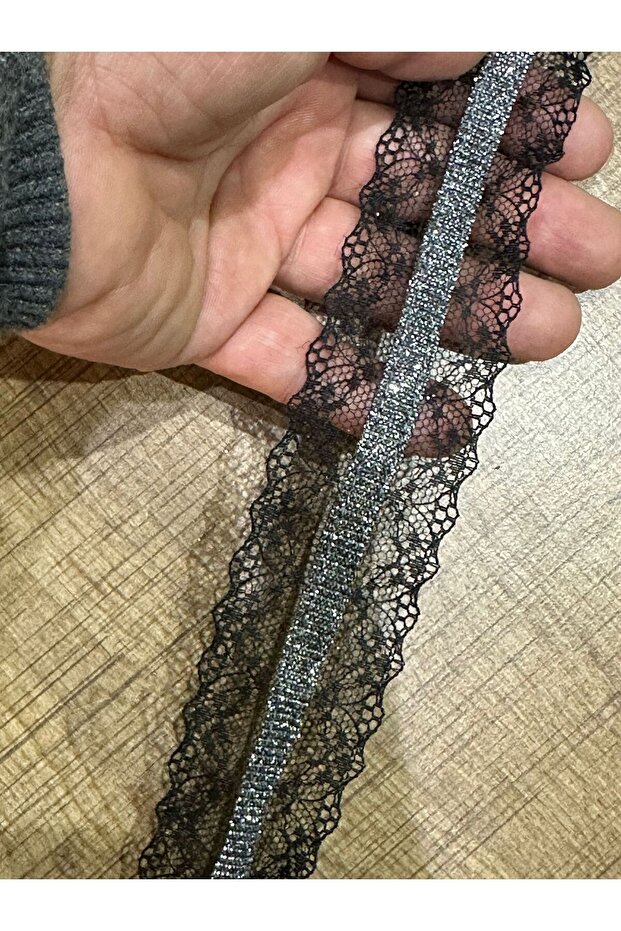 4 cm Black Tulle Silver Detailed Ribbon Sewing Accessory 1 Meter