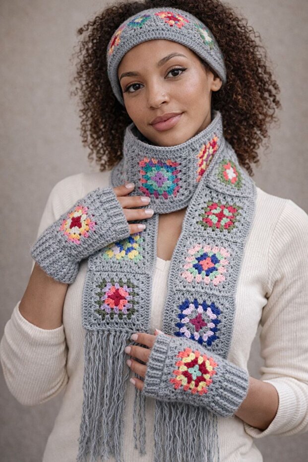 Hand Knitted Ethnic Motif Fingerless Gloves and Scarf Set