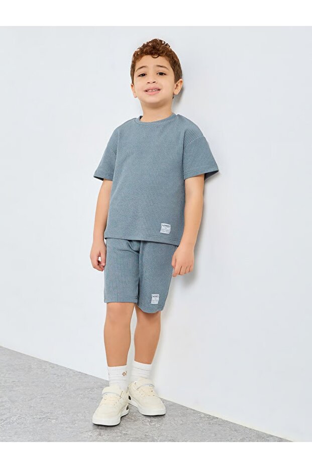 Boys Blue Textured Knit T-Shirt and Shorts Set