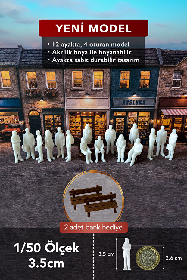 aysluka Maket İnsan 16 Adet 1/50 Ölçek 3.5cm (Bank hediyeli), Maketler için Boyanabilir Minyatür İnsan