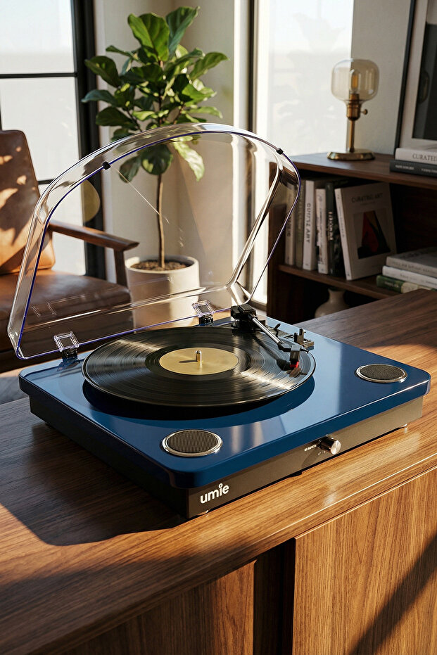 Umie Bemol Mavi Piano Kablama 10W BT İN, BT OUT, RCA, USB Özellikli Nostaljik Pikap