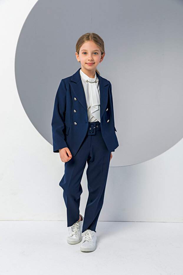 Girl's Button Detailed Navy Blue Blazer Jacket-New Season