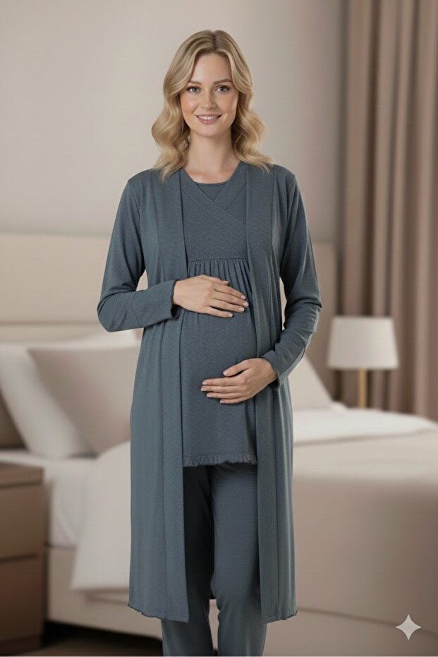 Women's Anthracite Adjustable Waist Maternity 3-Piece Pajama Set with Hidden Nursing Feature