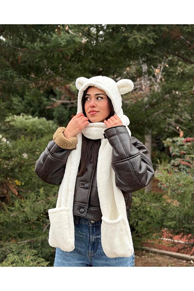 Welsoft Plush Beanie Scarf Gloves Ear Hat Set for Adults and Children