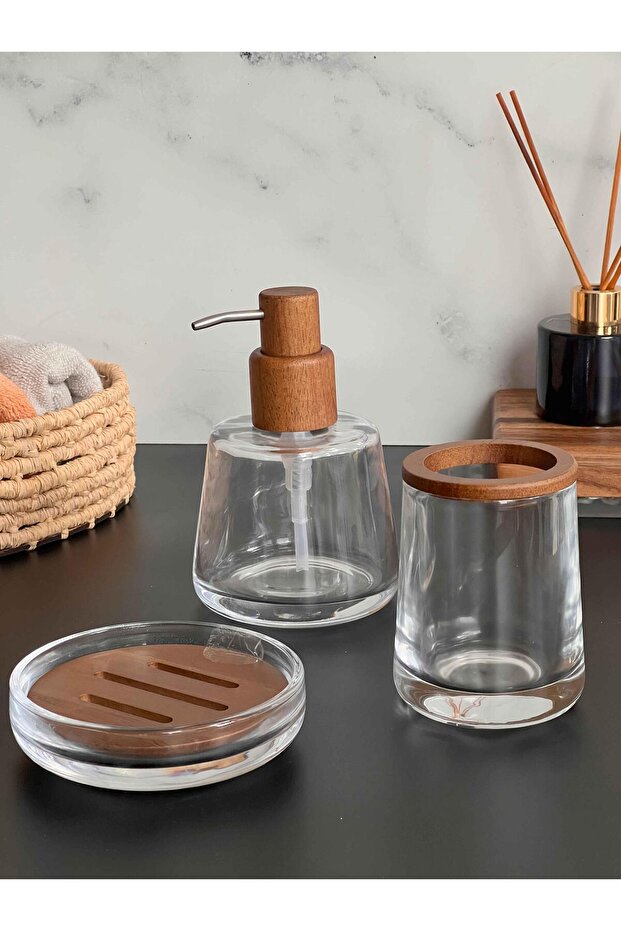 Natural Wood Touch Glass Bathroom Set 3 Pieces