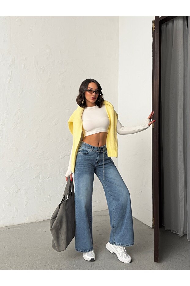 Belt Chain Stone Washed Broad Leg Jeans