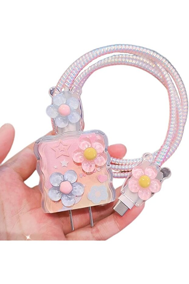 Charging Cord Protector, Compatible with iPhone Power Adapter, 3D Floral Design Charger Cover, Flexi