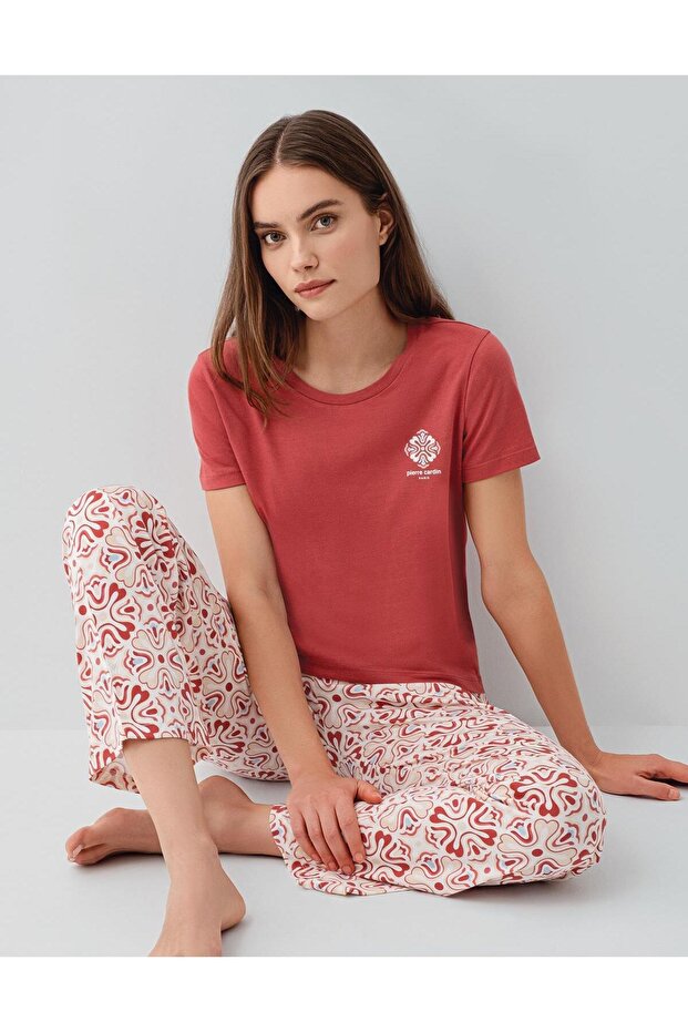 Women's summer burgundy 50% cotton 50% modal pajama set - short sleeve crew neck top and patterned long bottoms, relaxed fit