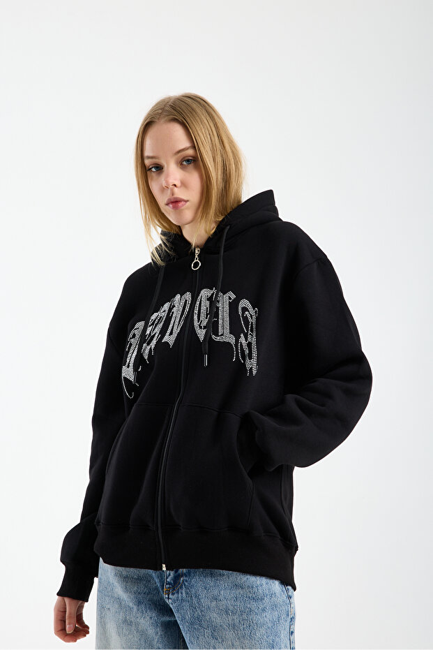 Women's Tops Stone Printed Hooded Kangaroo Pocket Zippered Three Thread Sh Fleece-Lined O Oversized Sweatshirt