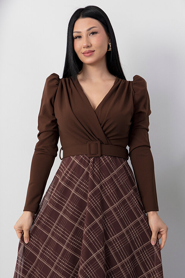 Üstü Krep Eteği Şifon Kemerli Elbise GRS3860 - 2