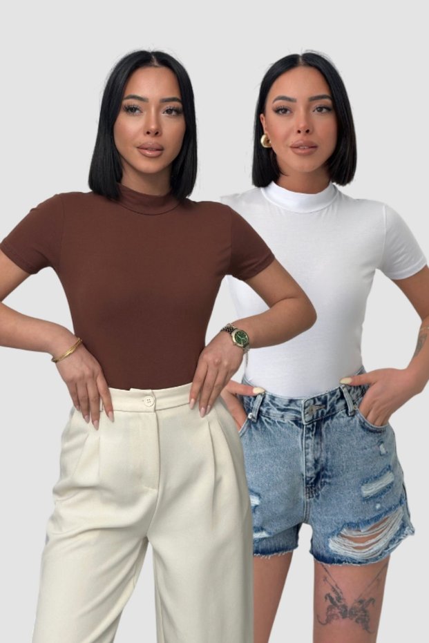 Fisherman Short Sleeve Cotton Bodysuit White Brown Half Fisherman Bodysuit High Neck T-Shirt T-Shirt