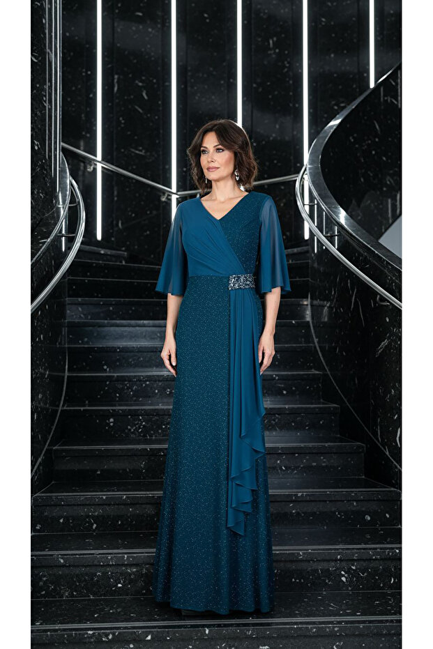 Taş detay drapeli elbise - 5