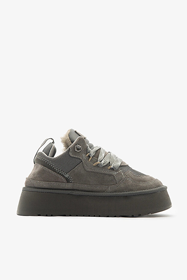 Gray Genuine Leather Suede Lace-Up Thick Sole Women's Boots