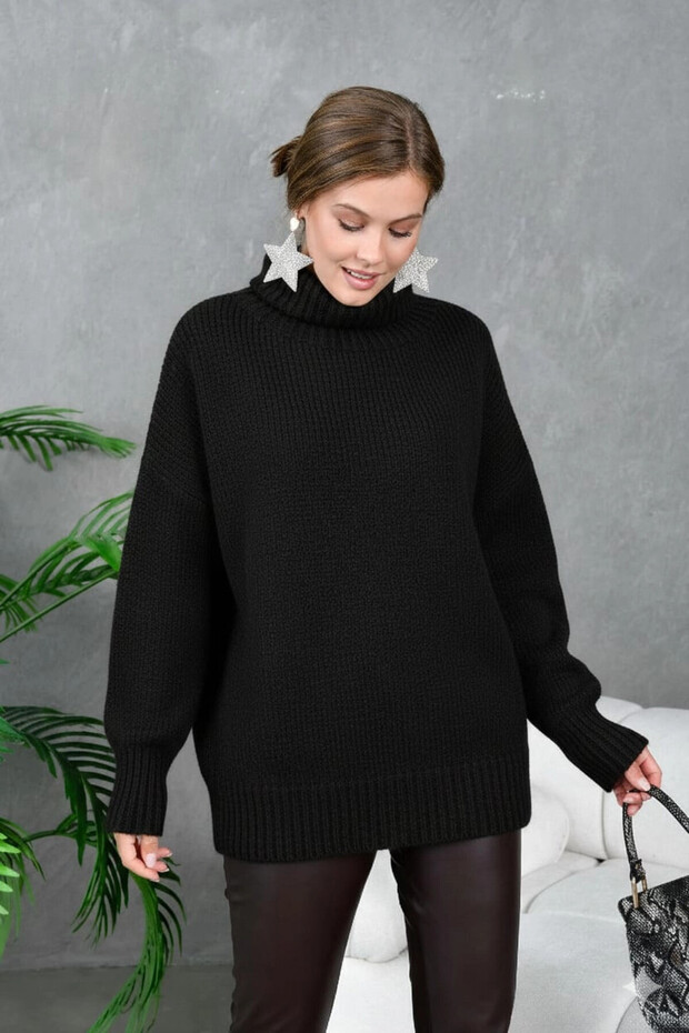 Women's Turtleneck Ribbed Knit Oversized Knitwear Tunic 223009