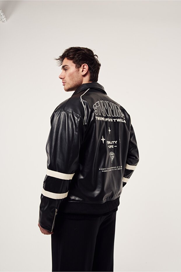 مطبوع حواف أسطوانية سترة جلدية - 5